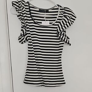 Monochrome Striped Ruffle Sleeve Blouse